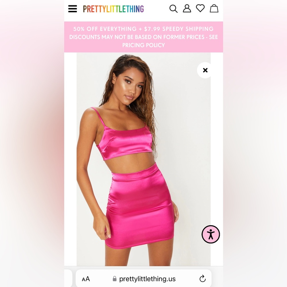 Pretty Little Thing. Set! Pink Satin Scoop Neck + Pink Satin Mini Skirt